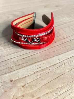 Red Multi-Layer Heart & Rhinestone Wrap Bracelet